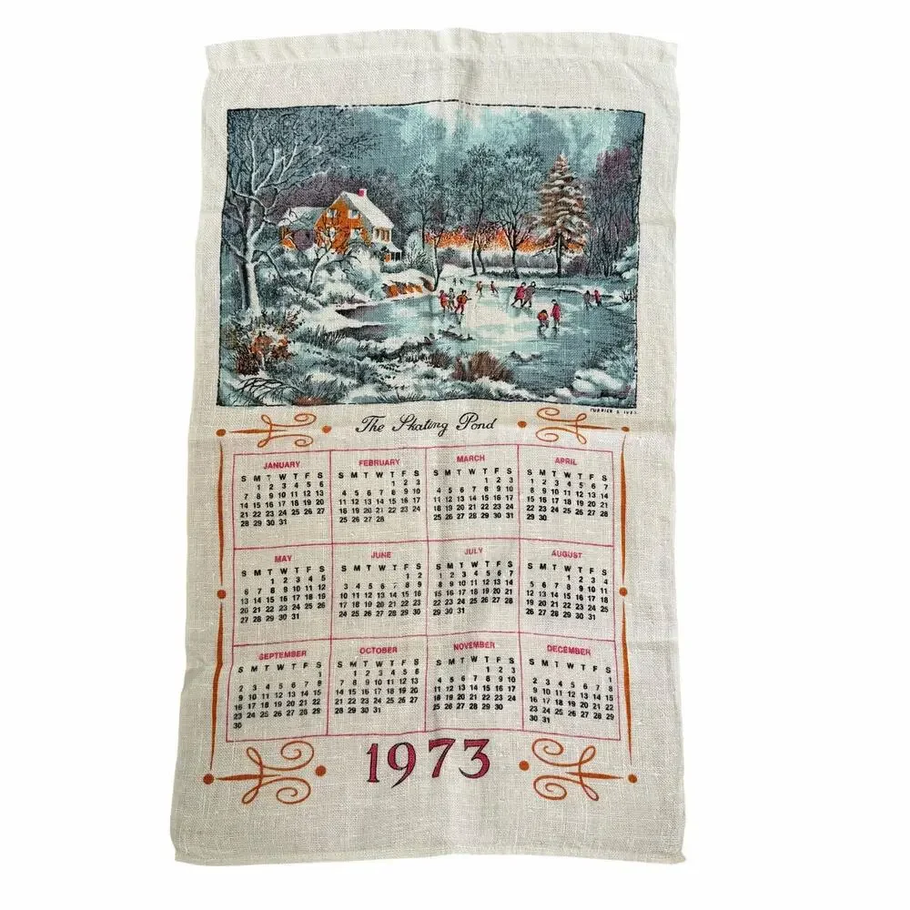 Vintage 1973 Currier & Ives Linen Calendar Tea Towel Skating Pond